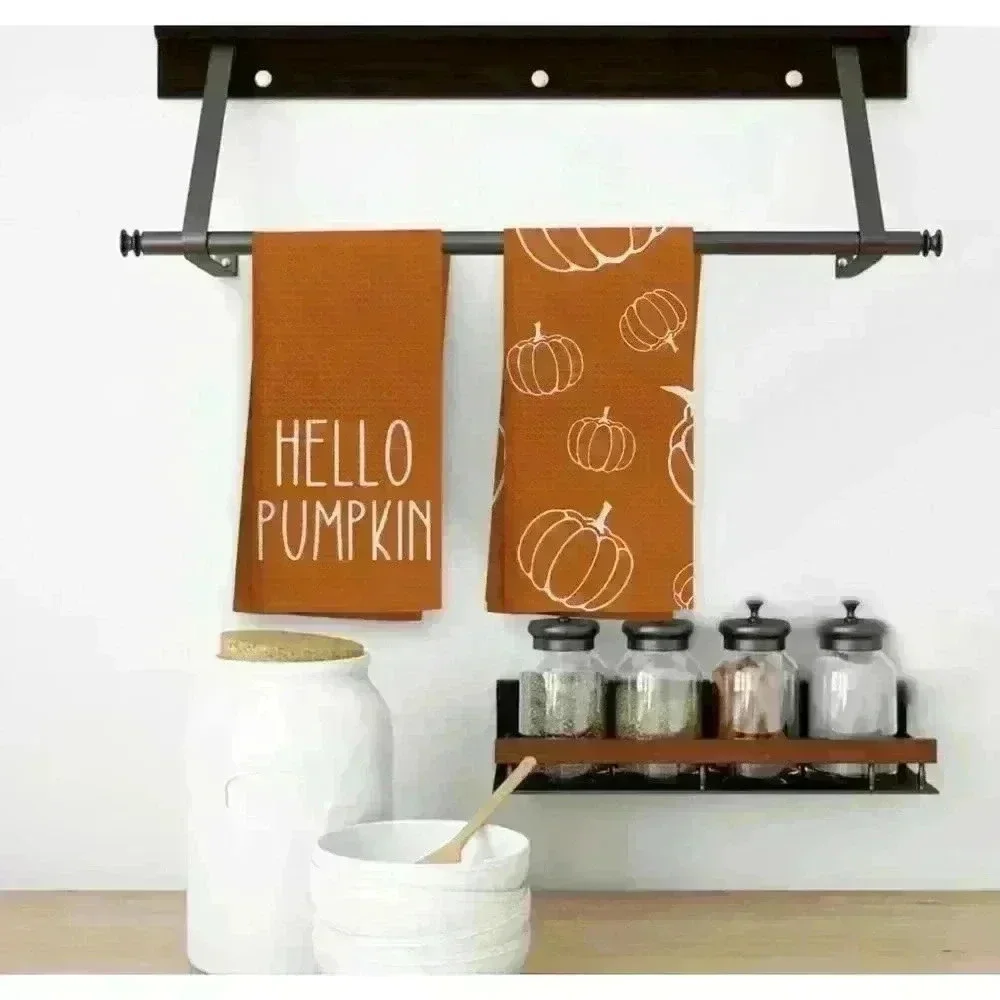 NEW! Hello Pumpkin Fall Kitchen Towels Set Bright Orange & White 16in x 24in